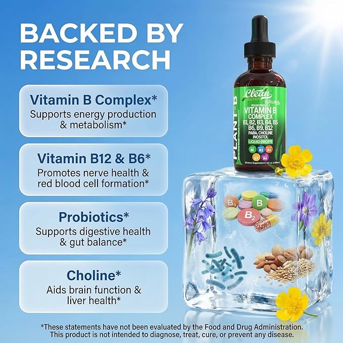 Vitamin B Complex Liquid Drops | Thiamine B1, B6, B2, B3, B4, B5, B7 B9, B12, Niacinamide, Paba, Choline Inositol Taurine Probiotics Beet Root Spirulina - Plant-B Vitamin Supplements by Clean Nutra