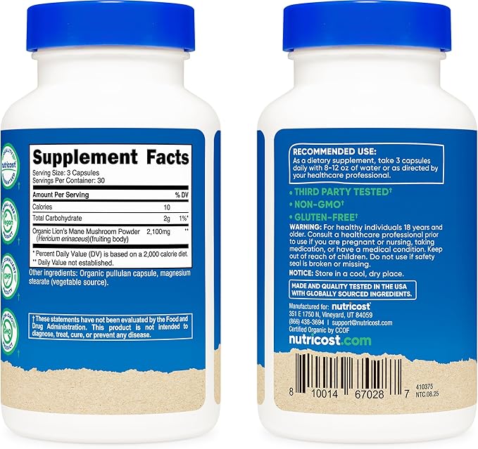 Nutricost Lion's Mane Mushroom Capsules 2100mg, 30 Servings - CCOF Certified Made with Organic, Vegetarian, Gluten Free, 700mg Per Capsule, 90 Capsules