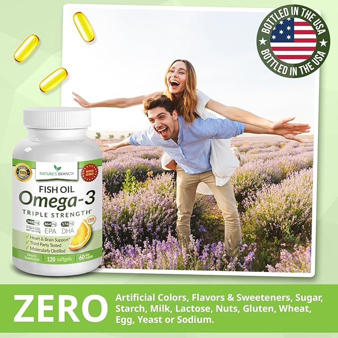 Triple Strength Omega 3 Fish Oil Supplements 2400mg | 120 Capsules, Burpless High Potency Lemon Flavor, High EPA DHA for Men & Women Ultra Pure Softgels | Joint Support, Eyes, Heart Brain Health Pills