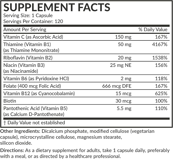 Futurebiotics Vitamin B Complex with Vitamin C Supports Energy Production, Nervous System & Immune Support - Non-GMO, 120 Vegetarian Capsules