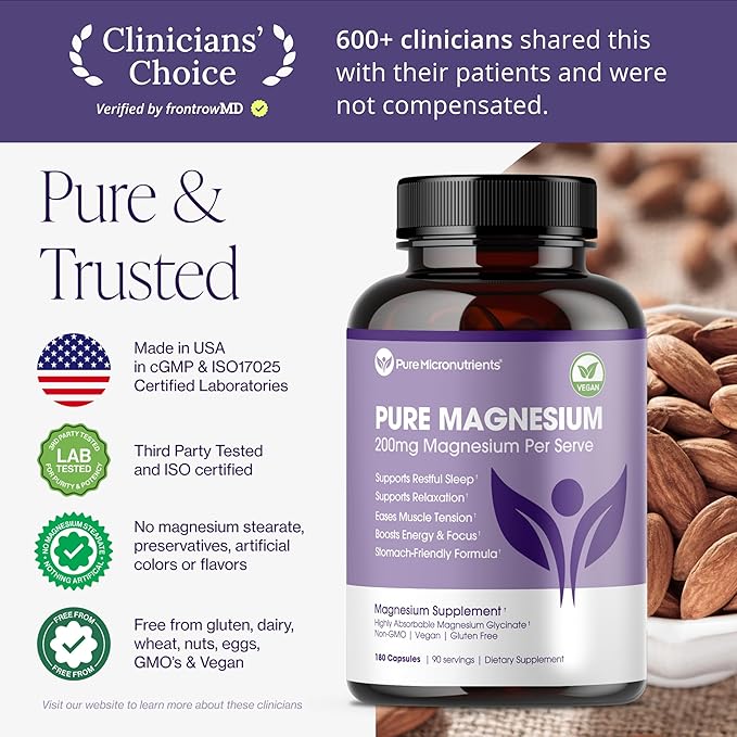 Pure Magnesium Glycinate Supplement – Highly Absorbable Chelated Magnesium to Support Sleep, Muscle & Nerve Health, Energy, Relaxation & Bone Health – 200mg Per Serving, 180 Capsules