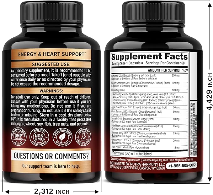Berberine with Ceylon Cinnamon | Bitter Melon (Karela) | Apple Cider Vinegar | Hawthorn Berry | Citrus Bergamot | Turmeric - 15-in-1 Supplement for Heart Support, Metabolism & Energy - 60 Capsules