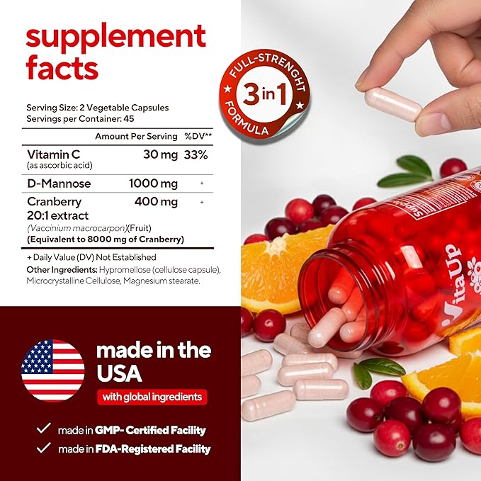 D-Mannose Supplements for Women – USA Made D-Mannose with Cranberry & Vitamin C – Cranberry Pills for Women for Urinary Tract & Bladder, Immune Support – 90 Vegan Capsules