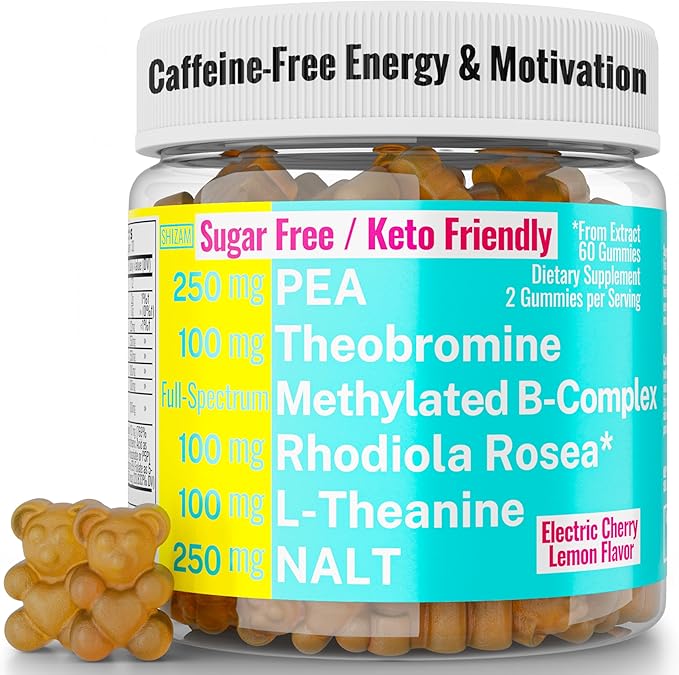 Rhodiola Rosea NALT N-Acetyl-L-Tyrosine Methylated Vitamin B Complex L-Theanine Gummies w P5P B6 5-MTHF B9 Folate Methyl B12 Methylcobalamin B3 Niacinamide, Supplement Powder Capsule Pill Supplements