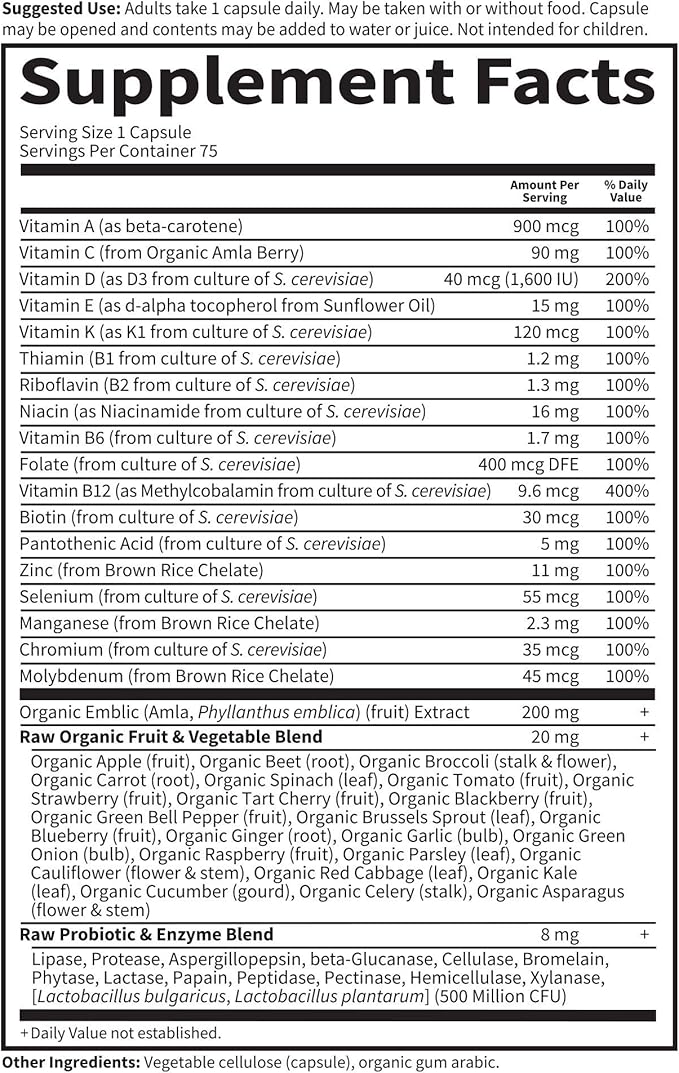 Garden of Life Vitamin Code Raw One for Men, Once Daily Multivitamin, One a Day Mens Vitamins Plus Fruit, Veggies & Probiotics for Mens Health, Vegetarian Multivitamins, 75 Capsules, (Pack of 6)