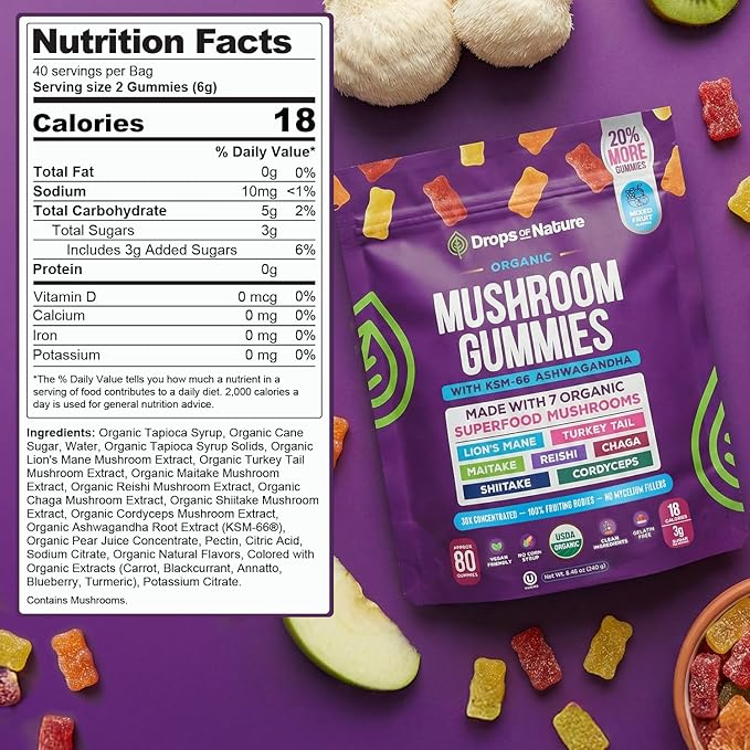 Drops Of Nature Lions Mane & Ashwagandha Gummies – Turkey Tail, Maitake, Reishi, Chaga, Shiitake, Cordyceps – Organic, Low Carb Superfood Gummies – 8 in 1 Mushroom Blend (Mixed Fruit, 80 Gummy Bears)