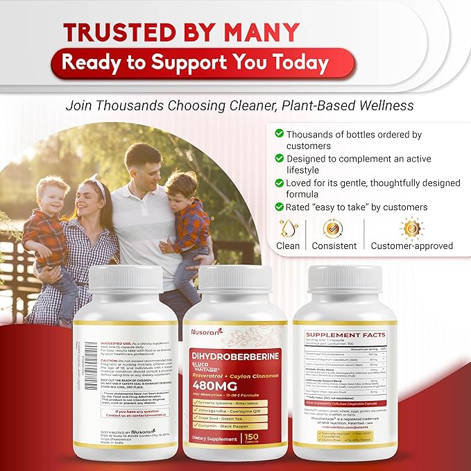 Dihydroberberine - Super Berberine - Patented GlucoVantage 810mg - 5X Absorption - with Resveratrol Cinnamon Grape Seed Extract- Support Metabolism, Digestion