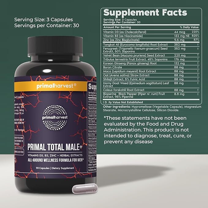 Primal Harvest Total Male+ Multivitamin for Men Vitamins, Minerals and Herbal Support for Energy, Vitality, Immune Health and Performance (1 Pack (90 Count))