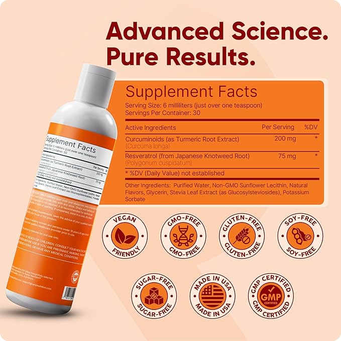 Liposomal Curcumin + Resveratrol Liquid – 200mg Curcuminoids + 75mg Trans-Resveratrol – Joint Support, Anti-Inflammatory & Longevity – High Absorption – Vegan – 30 Servings