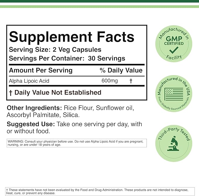 Alpha Lipoic Acid 600mg per Serving, 60 Capsules (Third Party Tested, Non-GMO, Gluten Free, Vegan Safe) Cellular Energy Support (ALA Supplement) by Double Wood