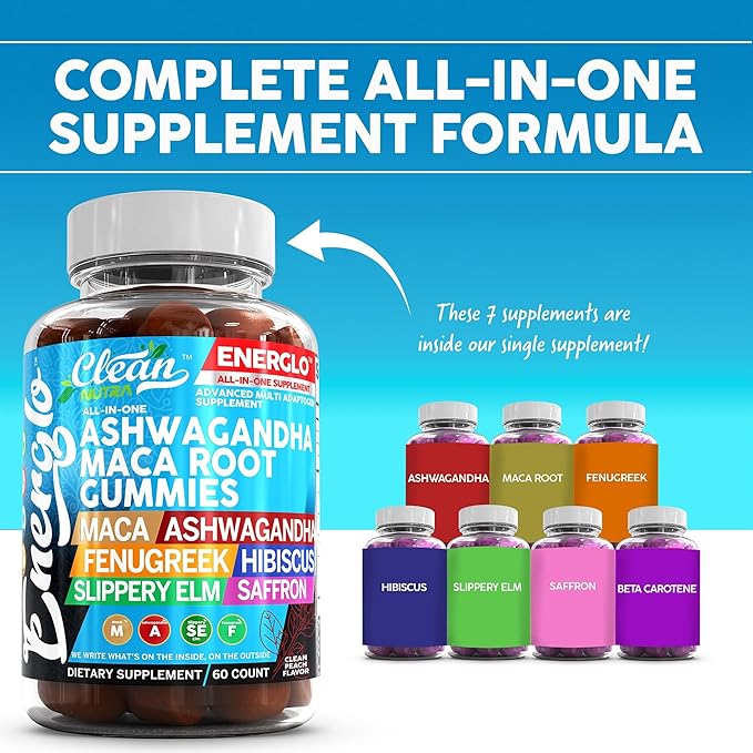 Ashwagandha Maca Root Gummies with Fenugreek Hibiscus Slippery Elm Saffron Extract & Beta Carotene | Peach Flavor Vegan Gummy Vitamins Adaptogen Cortisol Supplement Energlo by Clean Nutra (2)