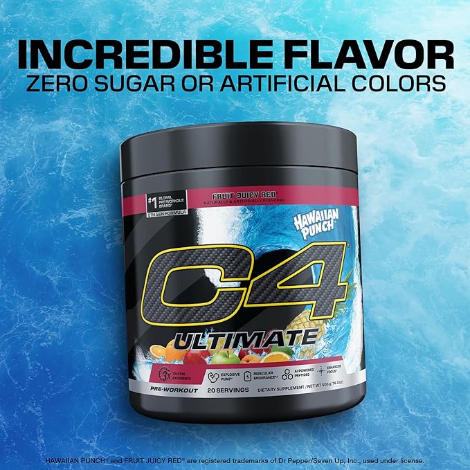 C4 Ultimate Pre Workout Powder - Sugar Free Preworkout Energy Supplement for Men & Women - 300mg Caffeine + TeaCrine + Dynamine + Creatine - Hawaiian Punch Fruit Juicy Red, 20 Servings