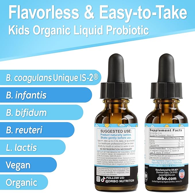 Kids Probiotic Liquid Drops Organic - Organic Probiotics for Kids Probiotics Age 4+, Digestive Health, Immune Support, Flora Gut Health Supplements - Vegan Kid Liquid Probiotic Drops, Non-GMO 1 Fl Oz
