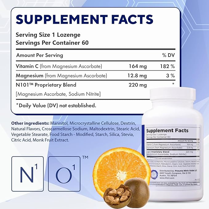 N1O1 Nitric Oxide Lozenges for Heart Health Support - Dietary Supplement for Blood Flow, Oxygenation and Blood Pressure - 120 Count