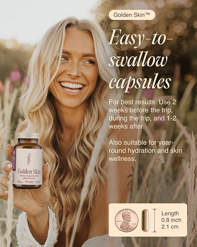Ecosh Golden Skin Tanning Supplement for Women & Men – Potent Tanning Pills with Beta Carotene, Lutein & L-Tyrosine for Skin Health | Natural Antioxidant Supplement & Tanning Vitamins | 90 Capsules