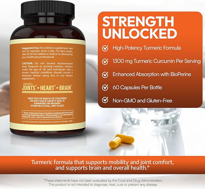 Arazo Nutrition Turmeric Curcumin with BioPerine Black Pepper Extract - 1300mg Per Serving - Joint Support Nutritional Supplements - 100% Herbal Tumeric Root Capsules