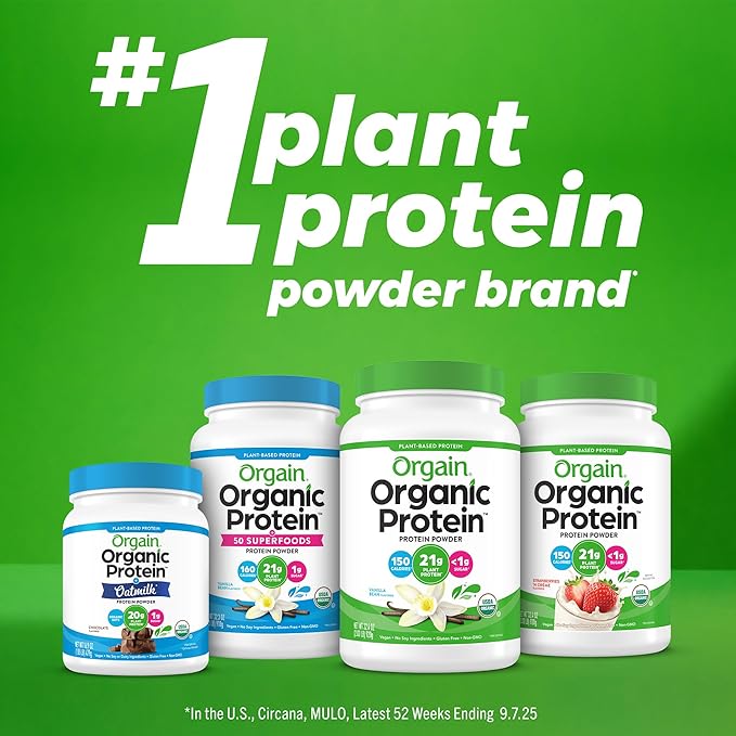 Orgain Organic Vegan Protein Powder + Greens, Vanilla Bean - 21g Plant Based Protein, Gluten Free, Dairy Free, Lactose Free, Soy Free, No Sugar Added, With Iron & Prebiotics for Gut Health - 1.94lb