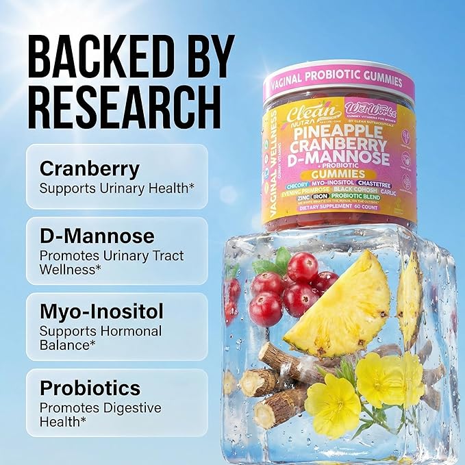 Wet Works Women's Vaginal Probiotic Gummies Pineapple Cranberry Folic Acid D-Mannose Vitamin C Chicory Myo Inositol Garlic Black Cohosh Zinc Iron Evening Primrose Chastetree 60 Count by Clean Nutra