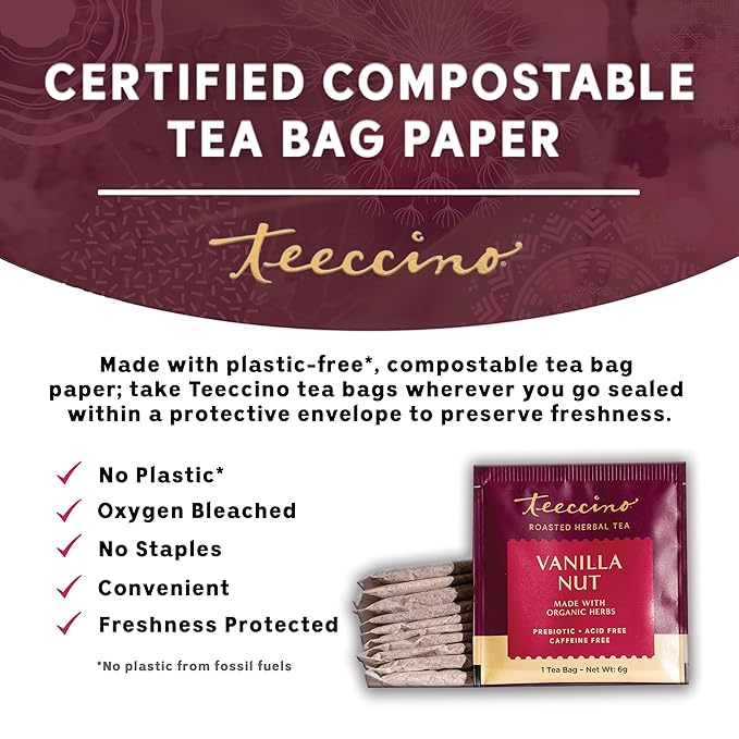 Teeccino Vanilla Nut Herbal Tea - Rich & Roasted Herbal Tea That’s Caffeine Free & Prebiotic for Natural Energy, 10 Tea Bags
