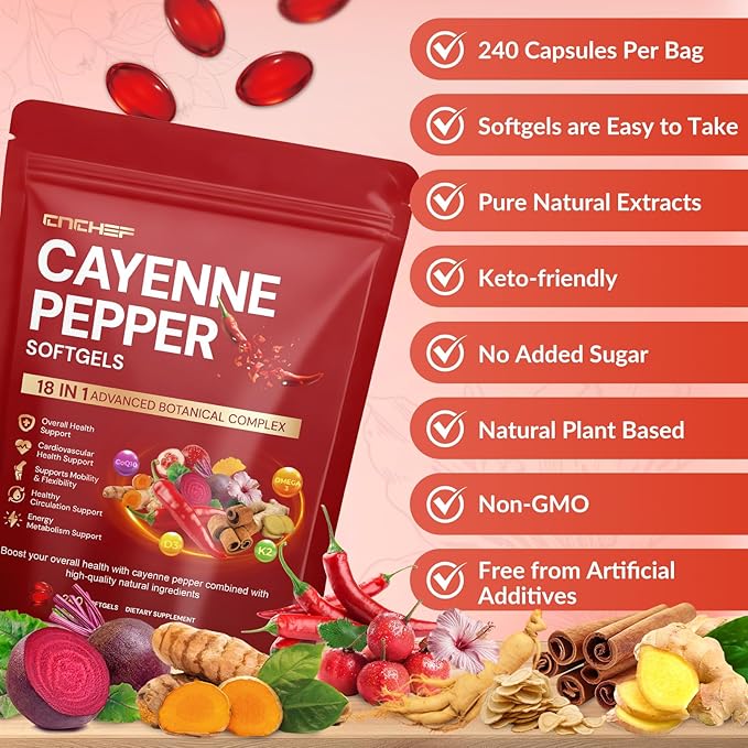 Cayenne Pepper Softgels Supplement, Cayenne Pepper Capsules with VitaminD3+K2,Berberine, Q10, Omega-3, Turmeric, Hawthorn, Beetroot, Supports Leg Vein, Digestive & Heart Vessel Health, 240 Softgels