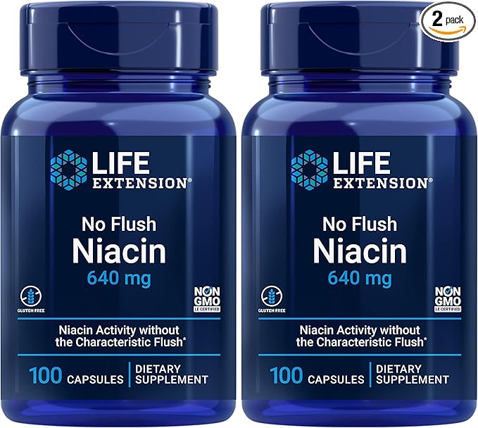 Life Extension No Flush Niacin,B3 for Heart Health,Cholesterol & Energy Support,Non-GMO,Gluten-Free,100 Capsules,(Pack of 2)