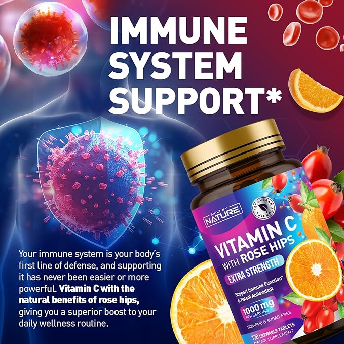 Built by Nature Chewable Vitamin C with Rose HIPS - 1000mg Immune Support Supplement - Non-GMO, Gluten-Free, Vegan - Powerful Antioxidant for Energy & Collagen Boost - Orange Flavor – 120 Tablets