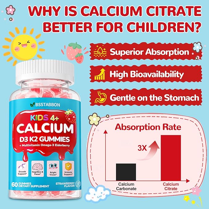 Kids Calcium Gummies with Vitamin D3: Sugar Free Chewable Kids Calcium Citrate plus Vitamin D3 K2 Magnesium Zinc Multivitamin Omega 3 - Growth Digestive Development Support Non-GMO(120Count)
