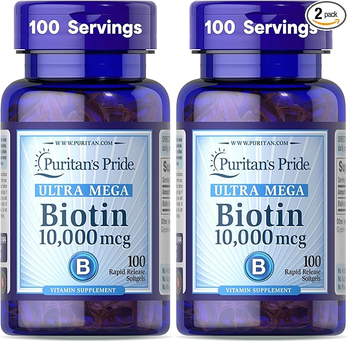 Puritan's Pride Biotin 10000 Mcg, Helps Promote Skin, Hair and Nail Health, Softgels 100 Count (Pack of 2)