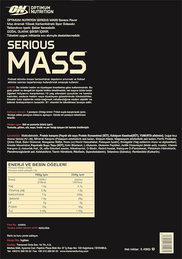 Optimum Nutrition Serious Mass, Weight Gainer Protein Powder, Mass Gainer, Vitamin C and Zinc for Immune Support, Creatine, Banana,(Packaging May Vary) 12 Pound (Pack of 2)