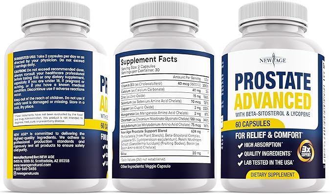 NEW AGE Prostate Advanced Prostate Supplement for Men – Reduce Bathroom Trips, Promote Sleep, Support Health & Bladder Emptying - Made with Lycopene, Beta Sitosterol - 60 Count