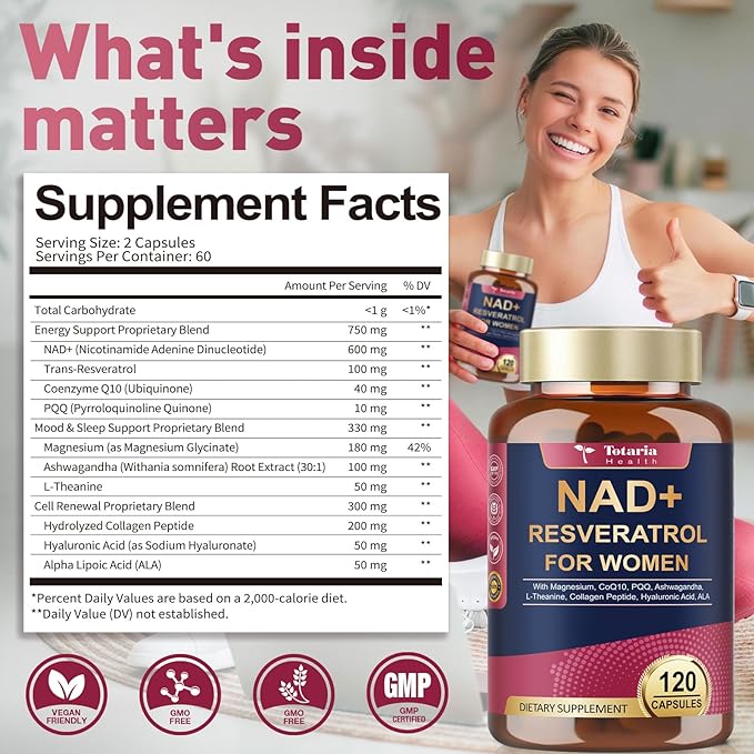 Totaria NAD+ Supplement for Women - NAD Trans-Resveratrol Supplement with Magnesium,CoQ10,PQQ, Ashwagandha,Collagen Peptide - NMN & NMNH Alternative - Cellular Renewal & Energy - 120 Capsules