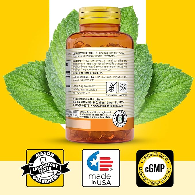 MASON NATURAL Peppermint Oil 50 mg Enteric Coated Supplement, 90 Day Supply of Gastrointestinal Support for Normally Functioning Bowel, Softgel Pills