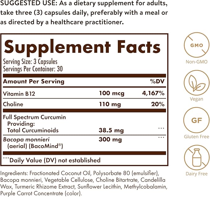 Solgar Full Spectrum Curcumin Brain Works, 90 Licaps - Support Memory Recall, Focus, Cognitive Function - Antioxidant Support - Curcumin, BacoMind, Choline, Vitamin B12 - Non-GMO, Vegan - 30 Servings