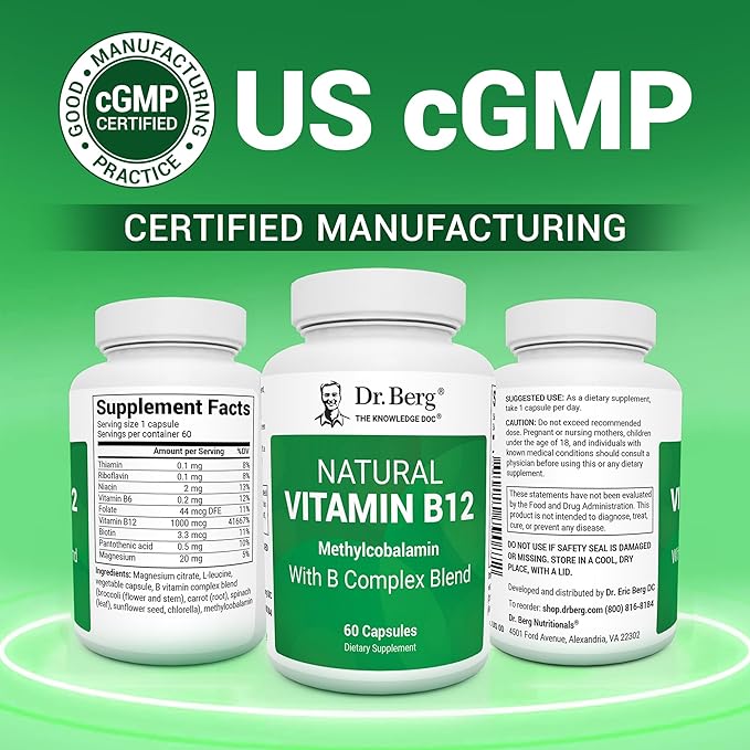 Dr. Berg Natural Vitamin B12 1000 mcg with B Complex Blend - Methylcobalamin B12 for Energy, Nerve Health, and Cognitive Function* - Methylated B12 with Folate - 60 Capsules (2-Month Supply)