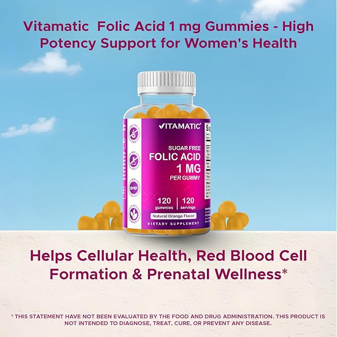 Vitamatic Folic Acid Gummies 1000 mcg (1 mg) - an Essential Prenatal Vitamins for Mom & Baby - Vitamin B9-120 Vegan Gummies (1)