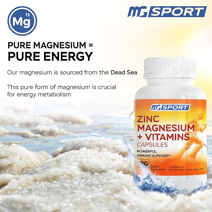 MgSport ZMA Supplement with Clinically Tested Zinc Magnesium for High Absorption - Enhanced with Vitamins B6 B9 for Muscle Recovery - Gentle on Stomach Formula, 120 Capsules