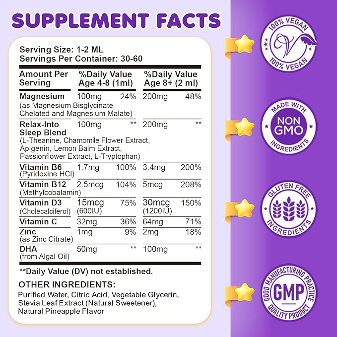 Magnesium Glycinate Liquid for Kids - Magnesium Bisglycinate Drops with L-Theanine, Chamomile & Vitamin B6, B12, C, D3 for Sleep, Relaxation, Immune Support, Calm & Focus - 2 Fl Oz, Pineapple Flavor