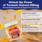 Vegan Iron Gummies Supplement with Vitamin C, B12, Folate & Turmeric - Energy & Immune Health | Gummy Iron Bisglycinate 18mg Gentle & Non-Constipating - Women & Men, 2 Pack