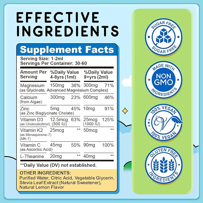 Magnesium Glycinate Liquid for Kids, Kids Magnesium Liquid Drops Supplement with L-Theanine, Calcium, Zinc, Vitamin D3 K2 for Sleep Calm Relaxation Brain Bones Focus, Lemon Flavor 2 Fl Oz