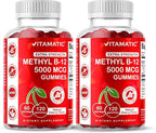 Vitamatic 2 Packs Extra Strength Vitamin B12 5000 mcg (Methyl B12) Gummies - 120 Count - Energy Metabolism Support and Nervous System Health Support, Natural Cherry Flavored