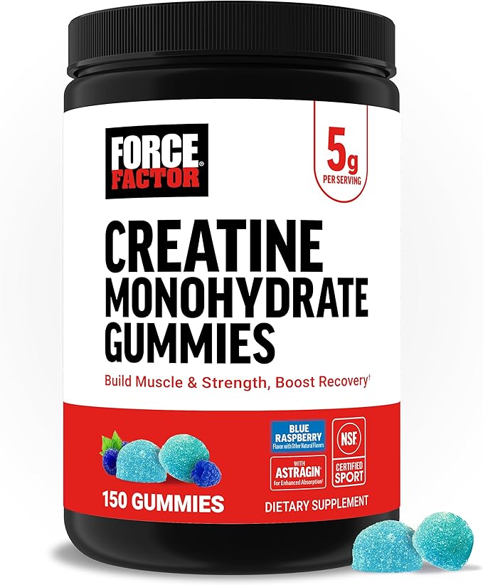 Force Factor Creatine Monohydrate Gummies, NSF Certified, 5g Dose for Men & Women to Support Muscle, Strength, Recovery, Cognitive Health & Memory, Packaging May Vary, Blue Raspberry, 150 Gummies
