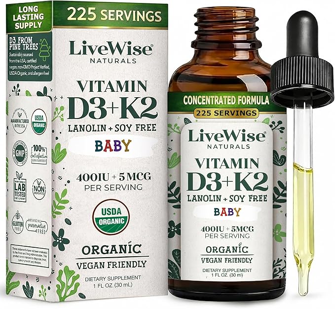 Vitamin D3 K2 Drops for Babies - Concentrated Formulation, 225 Servings at 400 IU, 5 MCG (MK-7), Micro-Dose Dropper, Gentle Daily Supplementation, Early Development & Precise Dosing