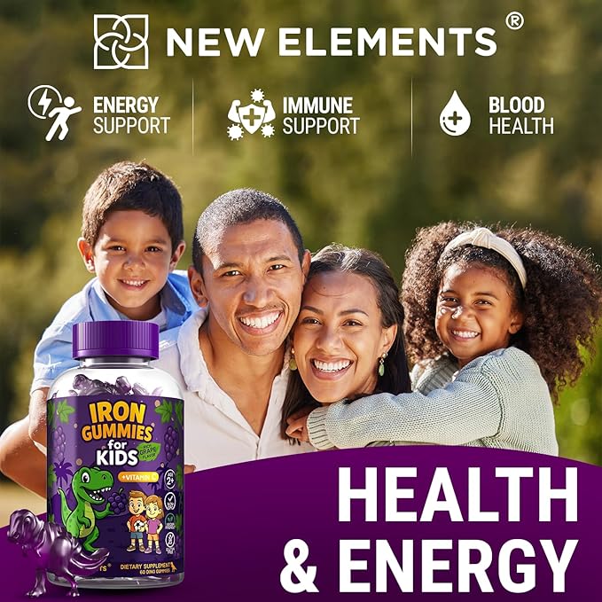 Iron Dinosaur Gummies for Kids with Vitamin C | Sugar-Free, Vegan, Gluten-Free & Non-GMO | Anemia Relief, Energy & Blood Health Support | Grape Flavor, Pectin-Based for Optimal Health (Pack of 2)