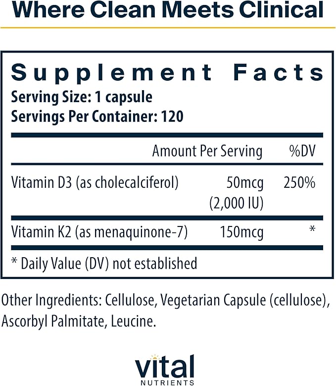 Vital Nutrients Vitamin D3 + K2 | 2000 IU | Vitamin D3 K2 Supplement | Vitamin D Complex for Healthy Calcium Levels, Muscle & Bone Health | Gluten, Dairy, Soy Free | 120 Capsules