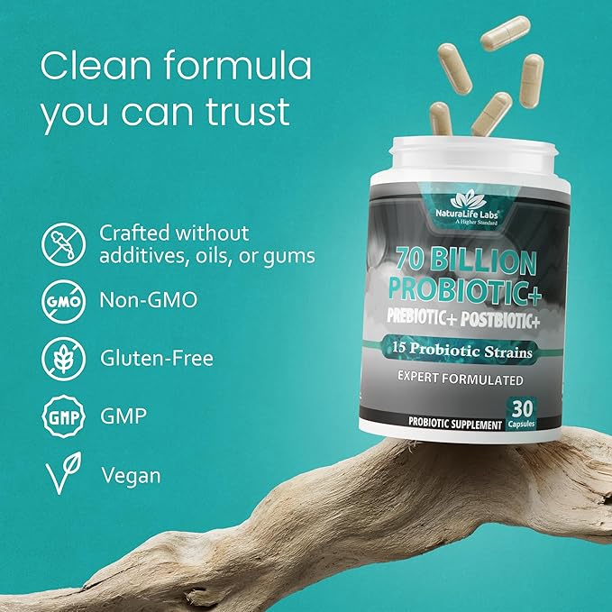 NaturaLife Labs Probiotics 70 Billion CFU – 15 Strains with Organic Prebiotic & Postbiotic – 3-in-1 Formula – 30 Vegan Capsules (2 Pack)