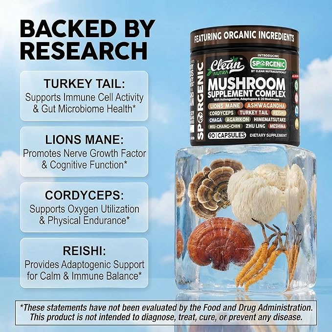 Organic Mushroom Supplement | Ashwagandha Lions Mane Cordyceps Turkey Tail Reishi Mushrooms Maca Root Black Hoof Chaga Tremella Agarikon Shiitake Oyster Powder Capsules Sporgenic By Clean Nutra (1)