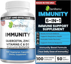 Zenrenu Immunity Quercetin 700 mg Zinc Vitamin C Vitamin D Immune Support Supplement with Curcumin - Easy to Absorb Immunity Supplement, 100 Vegetarian Capsules 50 Day Supply