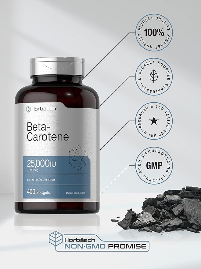 Horbäach Beta Carotene Supplement | 25000 IU Softgels | 7,500 mcg | Vitamin A | 400 Count | Non-GMO and Gluten Free Formula