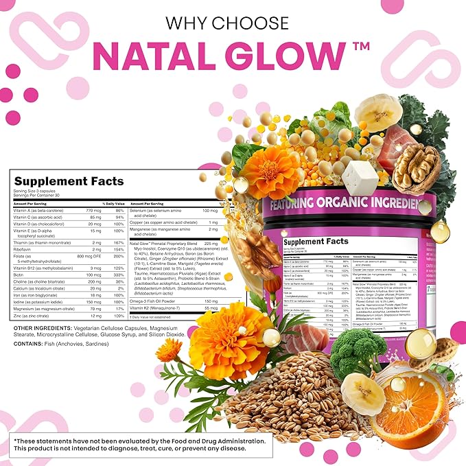 Natal Glow Methylated Prenatal Vitamins for Women Folate Omega 3 Vitamins A B12 C D3 E K2 Iron Riboflavin Biotin Choline Calcium Iodine Magnesium Zinc Selenium Copper Manganese by Clean Nutra