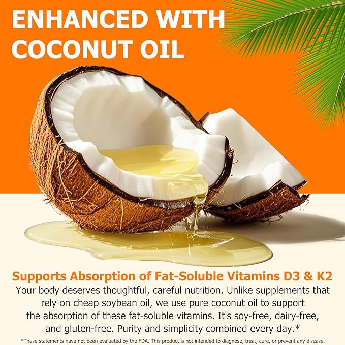Vitamin D3 K2, D3 K2 Vitamin 10000 iu Supplement With Coconut Oil Softgels, 2 in 1 Formula 200 mcg (MK-7) Complex Softgels Support Calcium Absorption, Immune, Bone Health D3 K2 Vitamin - 120 Softgels